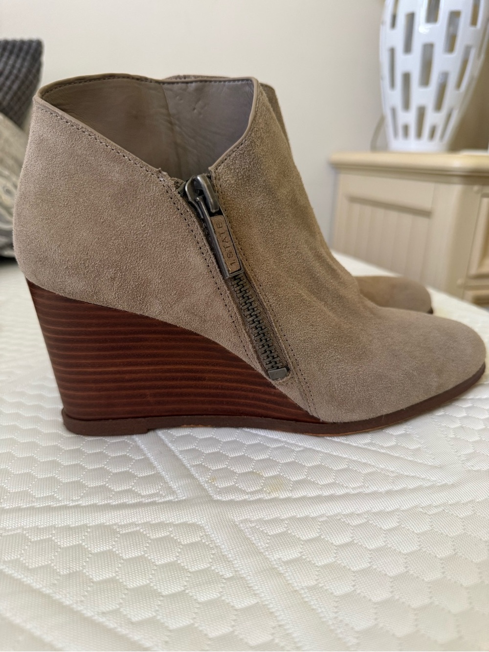 1. State Taupe Suede Wedge Ankle Booties with Side Zip